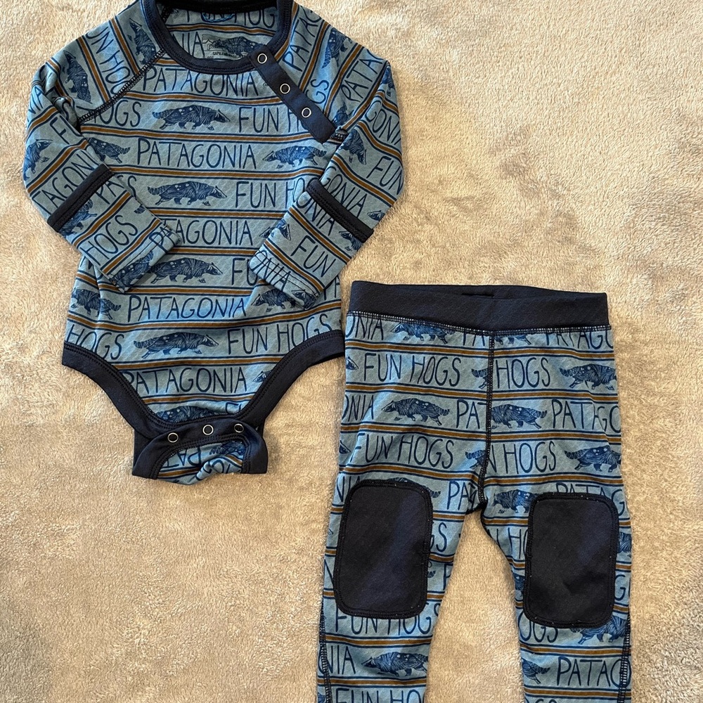 EUC 3-6M Patagonia Baby Capilene Midweight Base Layer Set in Blue Fun Hogs Print